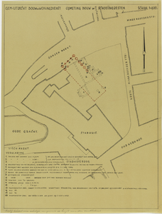 214674 Plattegrond van de contouren van het stadhuis aan de Stadhuisbrug te Utrecht, met aangrenzende straten. Met ...